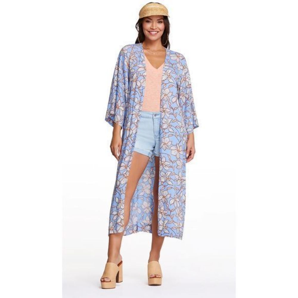 Jessica Simpson‎ Blue Floral Blakely Open Front Boho Kimono Duster Sz S